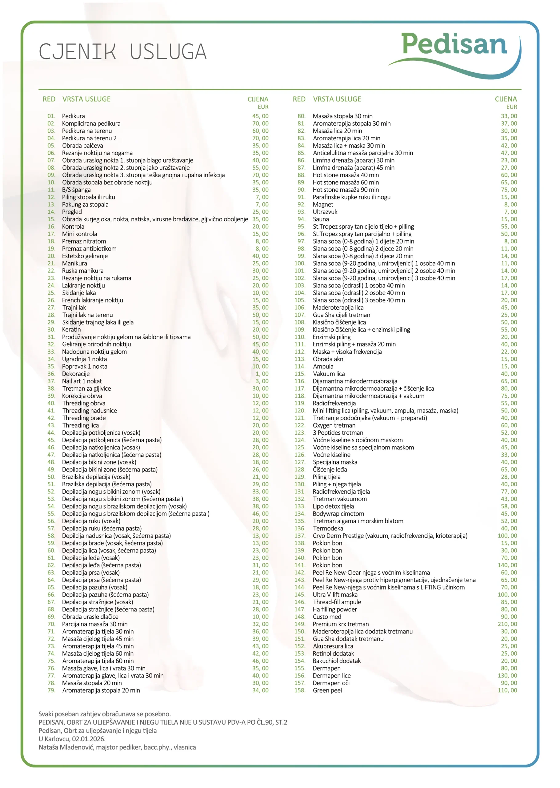 Pedikura cijene